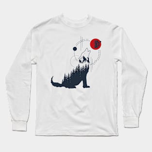 Abstract Howling Wolf, Black Design Long Sleeve T-Shirt